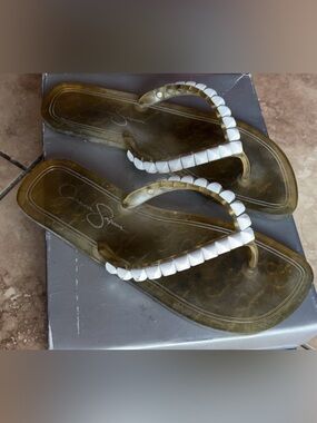 Jessica Simpson | White Clear Jelly Flip Flops  Bead Trim Sandals Shoes Women’s